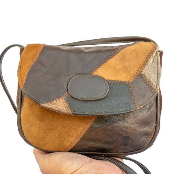Vintage 1980's Handbag MONIQUE Mini Crossbody Bag Brown Leather Patchwork Purse - Picture 2 of 8
